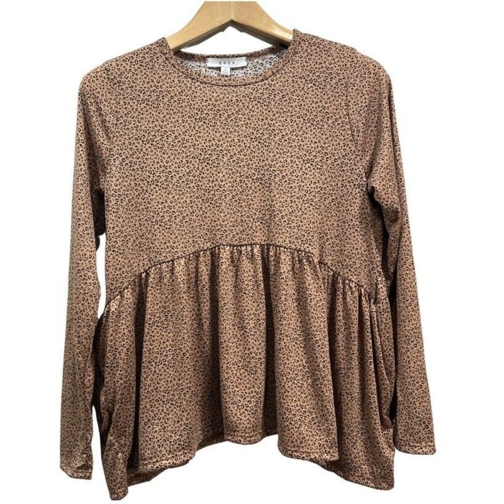 GAZE Womens Leopard Print Baby Doll Tunic Long Sleeves Top  Brown Black M **NWT